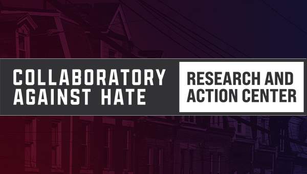 Collaboratory Against Hate Logo on purple background showing a Pittsburgh neighborhood